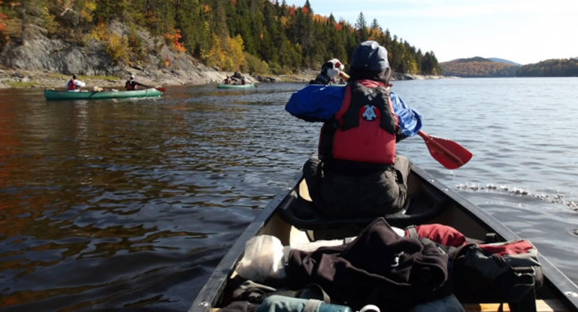 From the back of a canoe, you can see the person in front paddling. The boat is on calm water with trees and rocks lining the shore. 